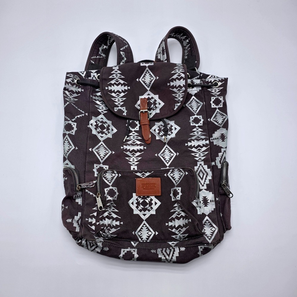 Pink Victoria's Secret Gray Canvas Backpack Silver Metallic Geometric Tribal